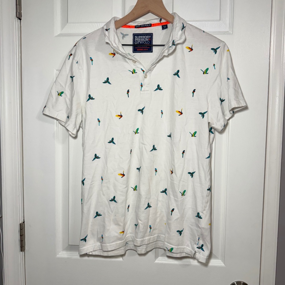 Superdry Premium City Fit Polo Mens XL White Cotton Tropical Parrot Print Shirt